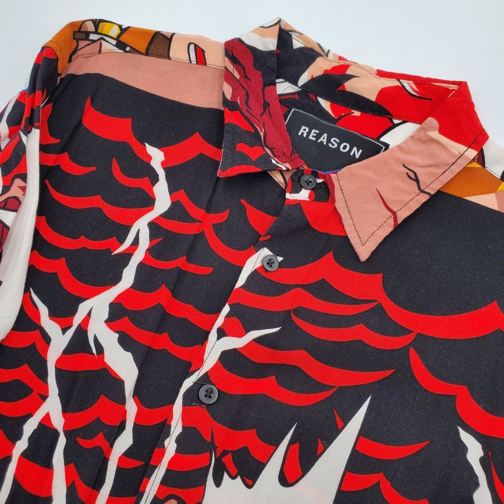 Reason Clothing Mens L Anime Samurai Graphic Button Up Shirt Red‎ Black Flawed